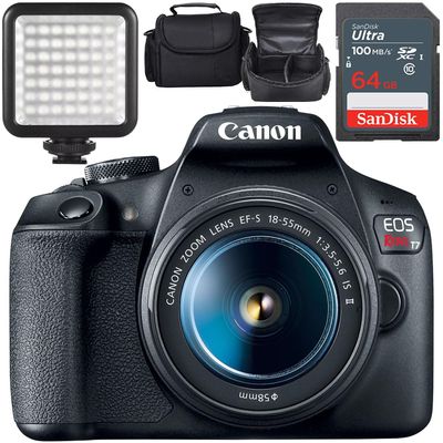 Canon EOS Rebel T7 DSLR Camera w/Canon EF-S 18-55mm f/3.5-5.6 is II Lens + LED Video Light + Camera Case + 64GB Memory (13pc Bundle) (Renewed)