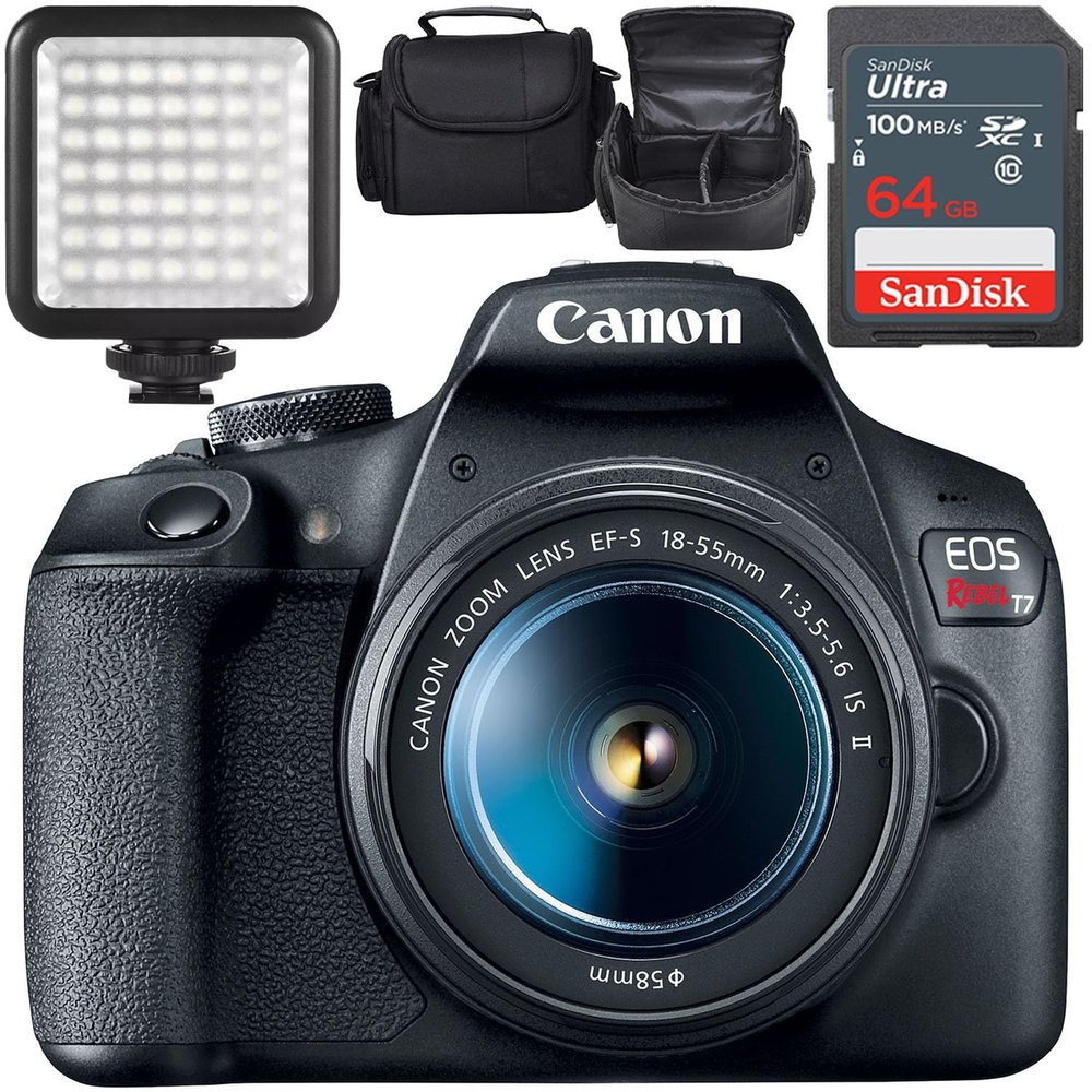 Canon EOS Rebel T7 DSLR Camera w/Canon EF-S 18-55mm f/3.5-5.6 is II Lens + LED Video Light + Camera Case + 64GB Memory (13pc Bundle) (Renewed)