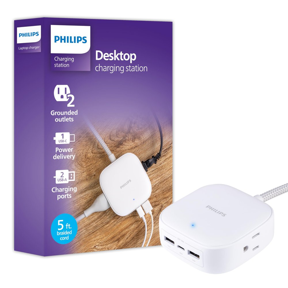 Philips Desktop Charging Station, 2 AC Outlet Extender, 2 USB-A, 1 USB-C