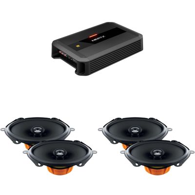 Hertz DP 4.300 AB-Class 4 Channel Amplifier with 2 Pr Hertz Dieci Series DCX 570.3 5x7 Two-Way Coaxial Speakers