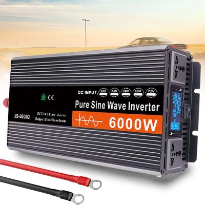 Dfdieratve 6000W Pure Sine Wave Power Inverter DC 12V/24V/48V/60V to AC 110V 220V Converter with 2 AC Outlets, Car Inverter with LCD Display and Remote Control for Truck RV Home,60V