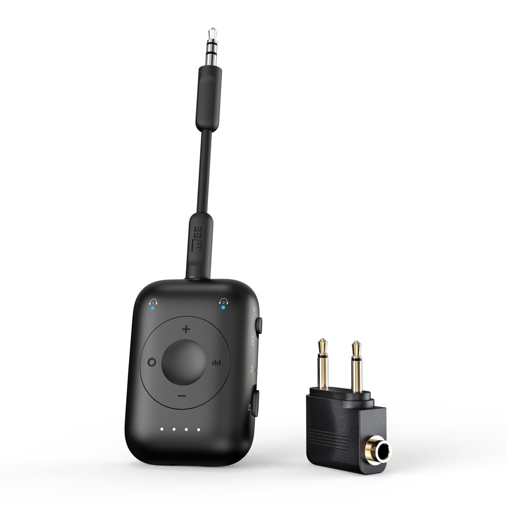 MEE audio Connect Air Pro Bluetooth Wireless Audio Transmitter & Receiver for AirPods or Bluetooth Headphones, 2-in-1 Adapter with Detachable Cable 3.5mm Aux Audio Jack for Airplanes, Auto, Gym, Black