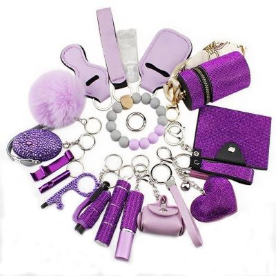 YLSHG Shiny Safety Keychain Set with Personal Alarm, 19 Pcs Keychain Accessories Kit with Whistle Pompom, Gift Set for Women (Purple)