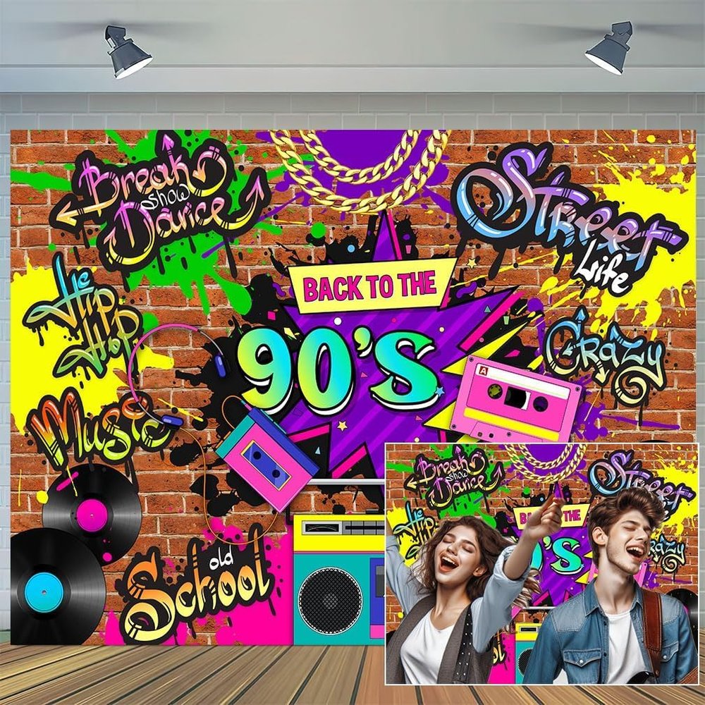 10X10ft 90s Photography Backdrop Hip Hop Back to The 90S Graffiti Brick Wall Retro Backdrop Neon Rewind 1990s Dance Adults Birthday Kids Party Banner Photo Music Photo Booth Props Background
