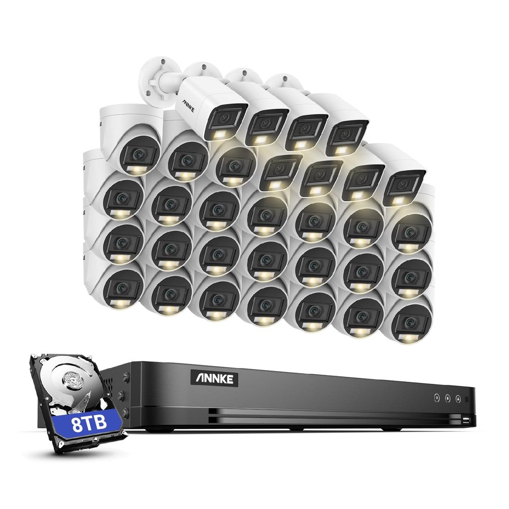 ANNKE 1080P Security Camera System, 32CH 3K Lite 5-in-1 DVR, 24x 2MP Outdoor Wired Turret Cameras & 8X 2MP Bullet Cams with Smart Color Night Vision, Built-in Mic, AI Motion Detection, 8TB Hard Drive