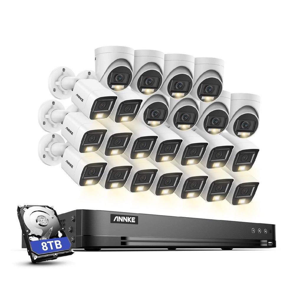 ANNKE 1080P Security Camera System, 32CH 3K Lite 5-in-1 DVR, 8X 2MP Outdoor Wired Turret Cameras & 16x 2MP Bullet Cams with Smart Color Night Vision, Built-in Mic, AI Motion Detection, 8TB Hard Drive