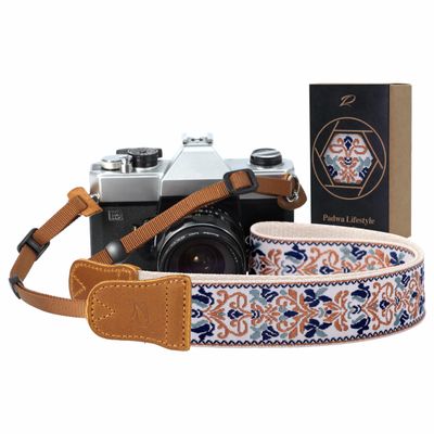 Padwa Lifestyle Camera Strap - 1.5" Crazy Horse Cowhide Head Cotton Strap,Vintage Embroidery Camera Straps for Photographers and All Cameras,Cute Adjustable Shoulder Neck Strap for Adults & Kids