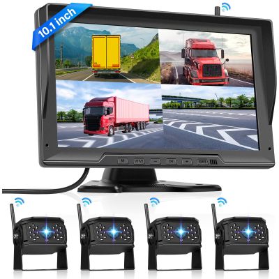 1080P Wireless Backup Camera Digital System Kit, Hodozzy 10.1 Inch HD 4 Quad Split Screen Reversing Monitor with Loop Record, Night Vision/IP68 Waterproof/Rear View Camera RV/Truck/Trailer/Bus/Camper