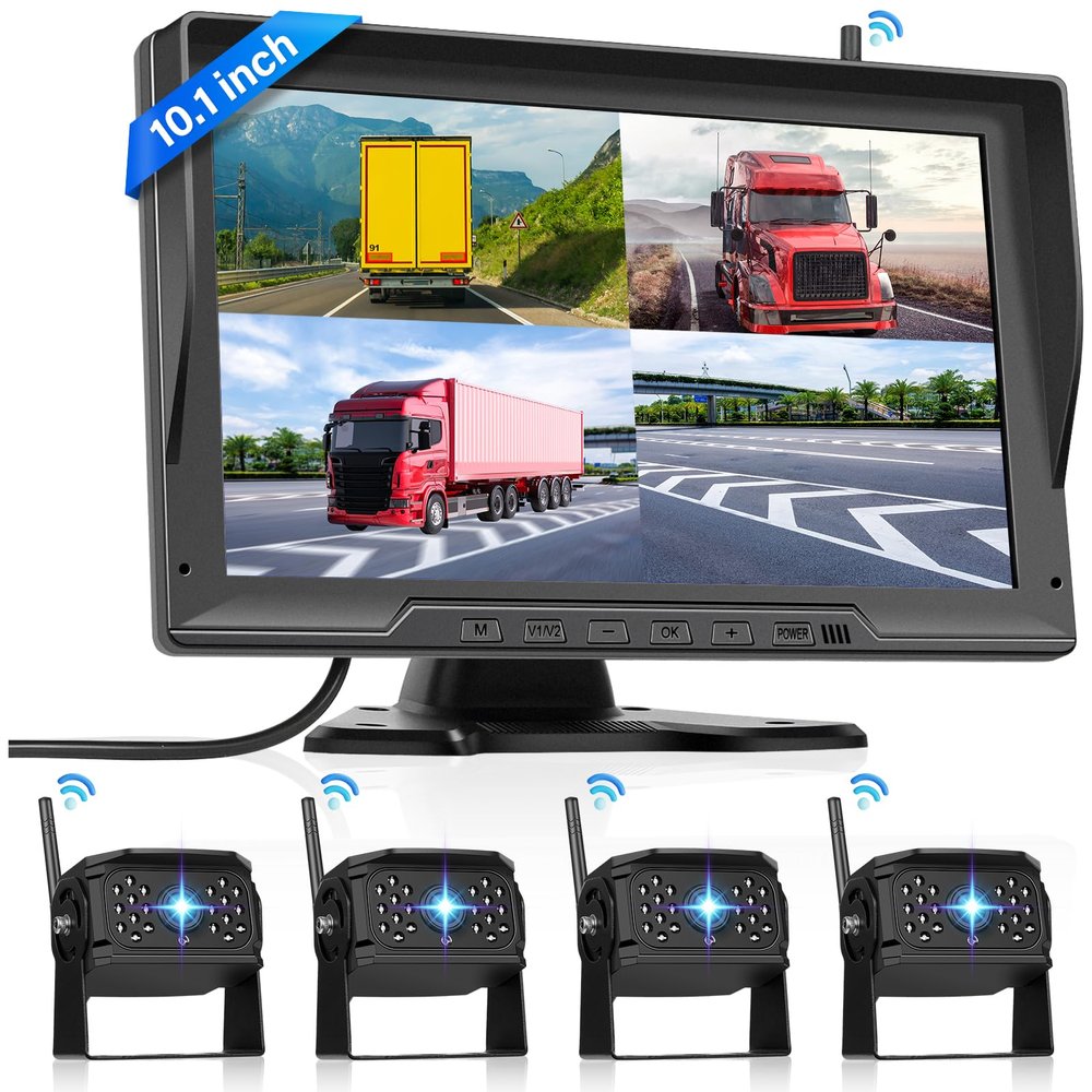 1080P Wireless Backup Camera Digital System Kit, Hodozzy 10.1 Inch HD 4 Quad Split Screen Reversing Monitor with Loop Record, Night Vision/IP68 Waterproof/Rear View Camera RV/Truck/Trailer/Bus/Camper