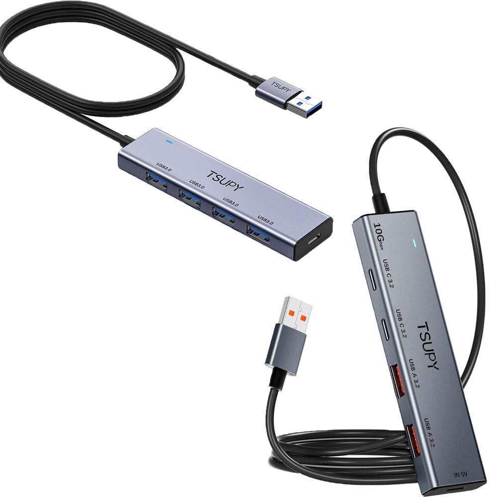 10Gbps USB Hub,TSUPY 5 Port USB Splitter with 4 USB 3.2+USB C Aluminum Ultra Slim Data USB 3.2 Gen 2 Hub with 4ft Extended Cable USB Port Hub for PC,MacBook,Mac mini,PS4/5,Hard Disk,U Disk