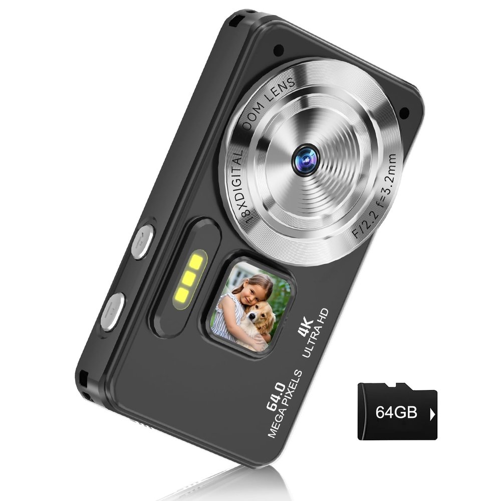Digital Camera, Autofocus 4K 64MP Point and Shoot Digital Cameras for Teens with 64GB Card, 18X Zoom Anti-Shake Compact Video Camera for Student Kids Boys Girls Beginner - Black