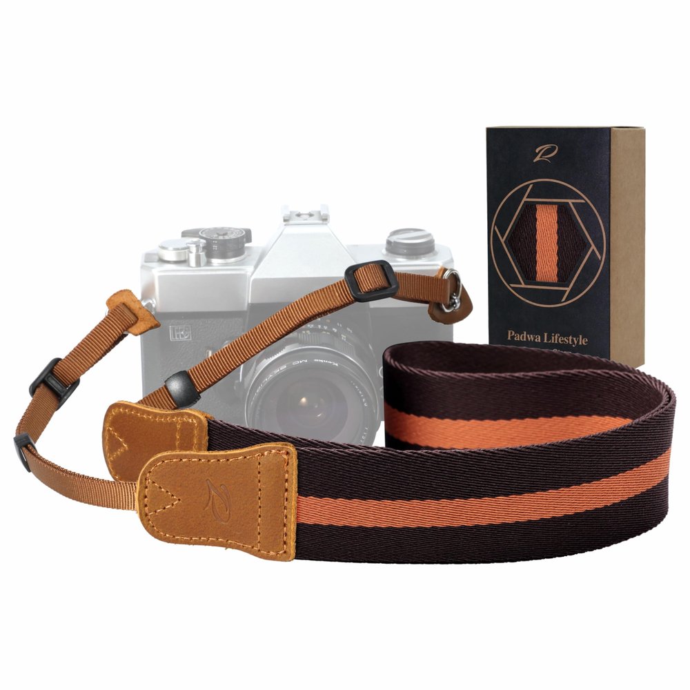 Padwa Lifestyle Brown Yellow Striped Camera Strap - 1.5" Double Crazy Horse Cowhide Head Cotton Camera Straps,Adjustable Neck Shoulder Universal Woven Straps for DSLR Cameras and Photographers Gift