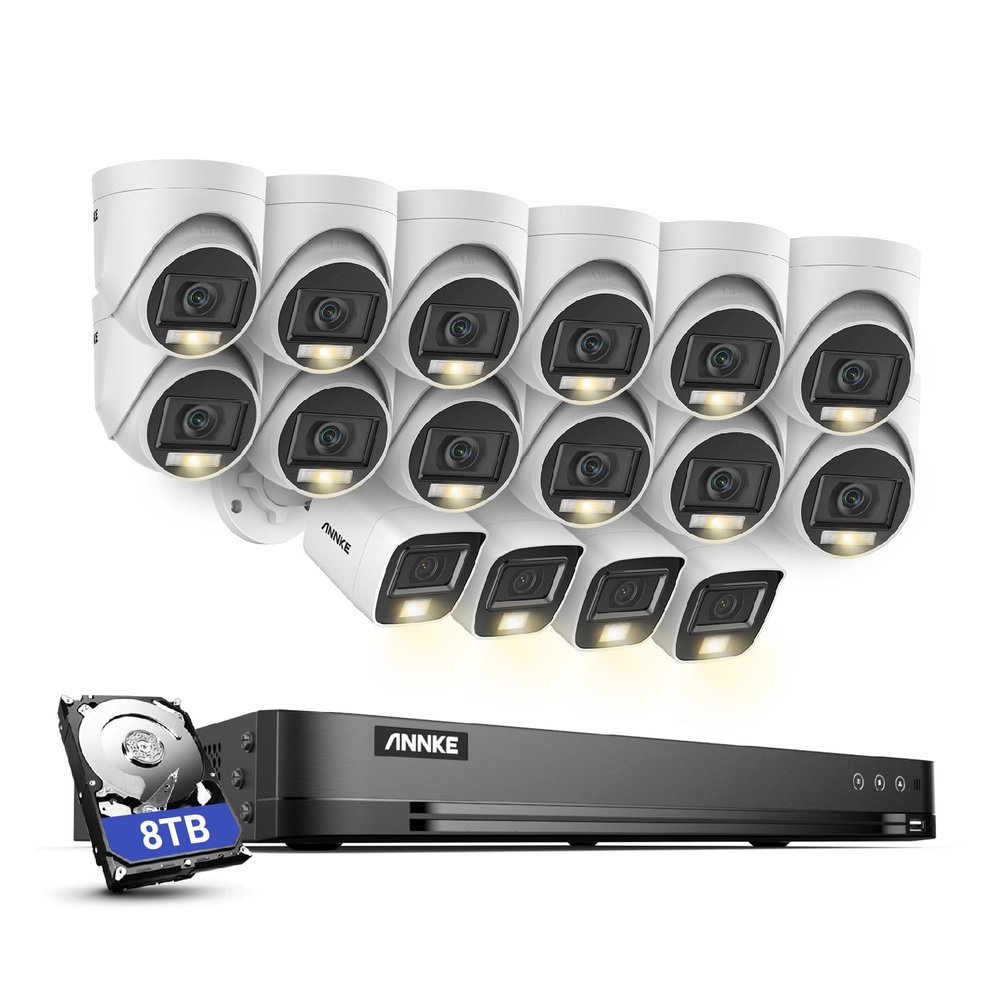 ANNKE 1080P Security Camera System, 32CH 3K Lite 5-in-1 DVR, 12x 2MP Outdoor Wired Turret Cameras & 4X 2MP Bullet Cams with Smart Color Night Vision, Built-in Mic, AI Motion Detection, 8TB Hard Drive