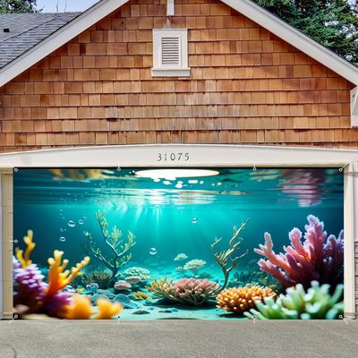 Underwater World Garage Door Cover Banner Decorations Backdrop 8x16ft Large Aquarium Landscape Lights Coral Garage Door Banner Decorations Undersea Theme Birthday Party Outdoor Garage Door Backdrop