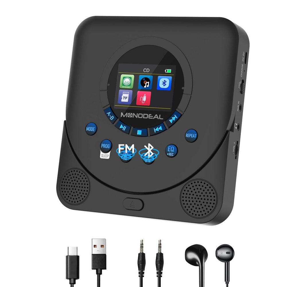 CD Player Portable, MONODEAL Dual Stereo with CD Player with Speakers, Rechargeable Discman Player for car, Support TF Card, FM Receiver and Transmitter with Sleep Timer, Colorful TFT Screen