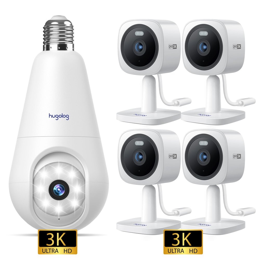 Hugolog 3K Light Bulb Security Cameras Wireless Outdoor-2.4GHz Cameras for Home Security 3K 5MP Outdoor Indoor Security Cameras for Home Security