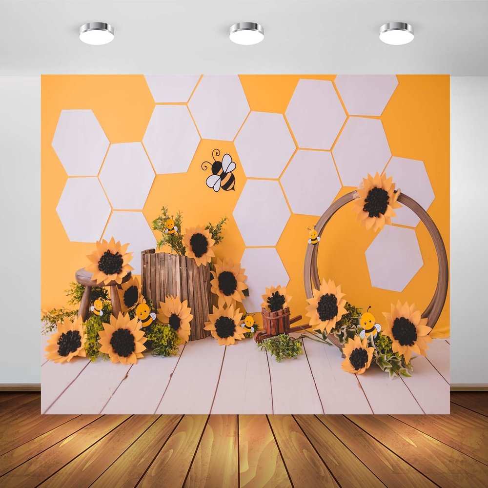BELECO 5x3ft Fabric Honey Bee Backdrop Sweet Bee with Sunflowers Honeycomb Bee Beehive Background Bee Theme Princess Girl Birthday Party Decoration Baby Shower Banner Photo Booth Shoot Studio Prop