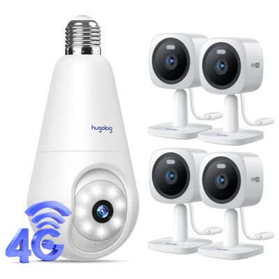 Hugolog 4G LTE Cellular Light Bulb Security Camera,3602K Security Cameras,3K 5MP Outdoor Indoor Security Cameras for Home Security, Home Camera with Starlight Color Night Vision,Built-in Spotlight