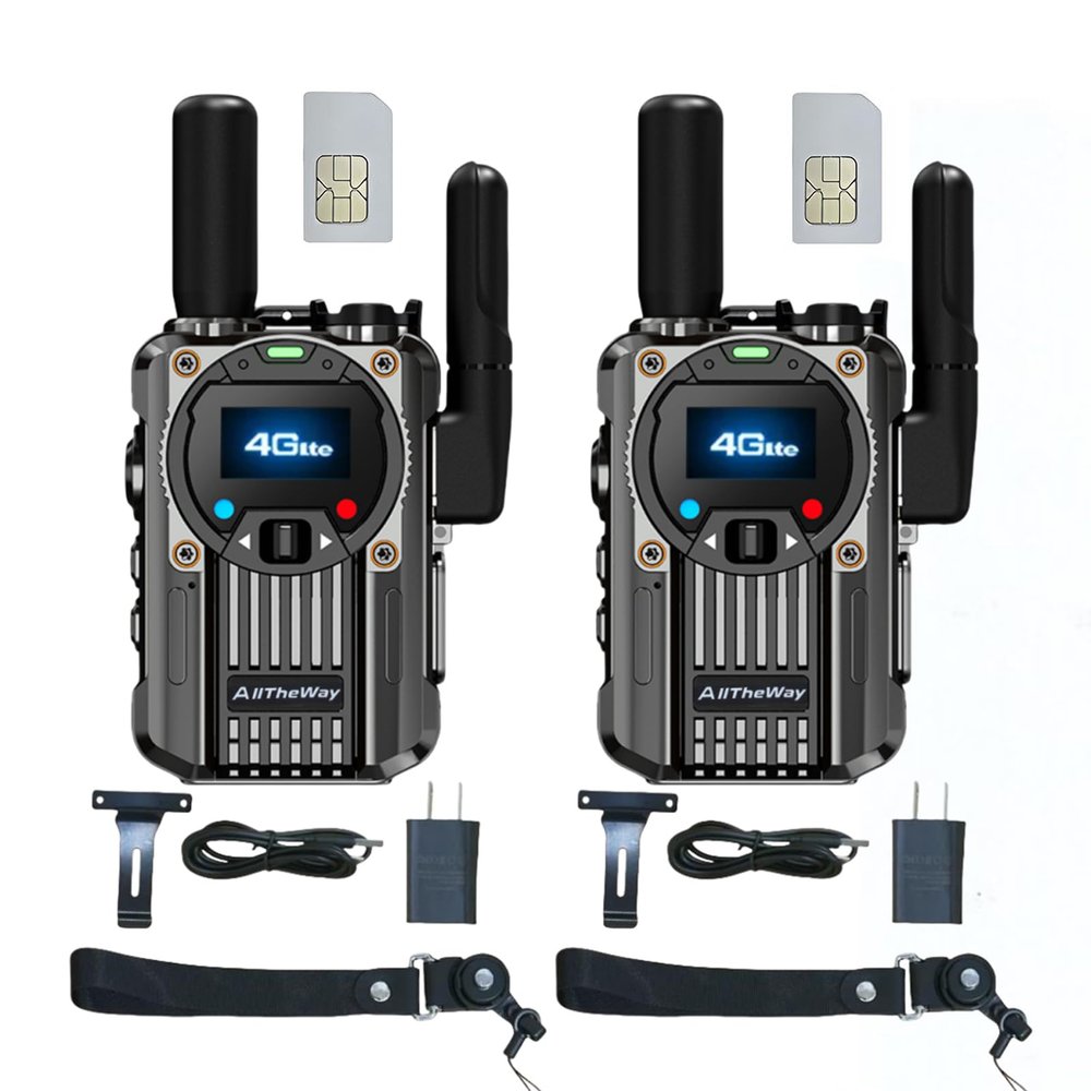 Alltheway 2 Pack Global Walkie Talkies Unlimited Range Nationwide 4G PTT Two Way Radio with FM Radio, Flashlight, SOS Function, Rechargeable for Family and Work