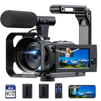 4k Video Camera Camcorder 56MP Dual Lens Cam Corder with WiFi IR Night Vision YouTube Camera,16X Digital Zoom Touch Screen Video Recorder with 64GB SD Card, Tripod, Remote Control, 2 Batteries