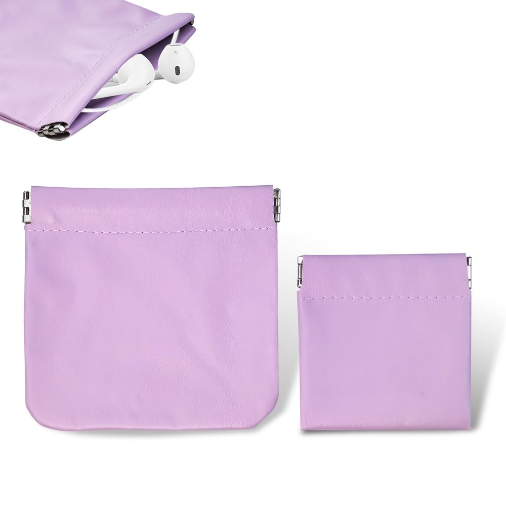 2Pcs Earphone Pouch PU Leather Headphone Storage Bag, Universal Earbuds Pouch Bag with Spring Closure, Leather Squeeze Coin Purse M + S for Earphones, Coins, Keys, USB Flash Drives, Jewellery (Purple)