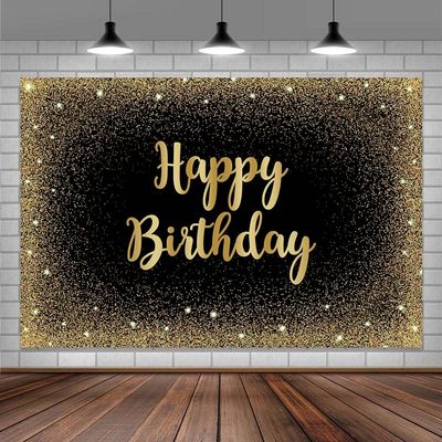10X10ft Happy Birthday Photo Backdrop Photography Background for Girls Women, Gold Black Shining Dot Glitter Sparkle Banner Backdrops Photo Booth Prop Decorations Wall Decor Tablecloth
