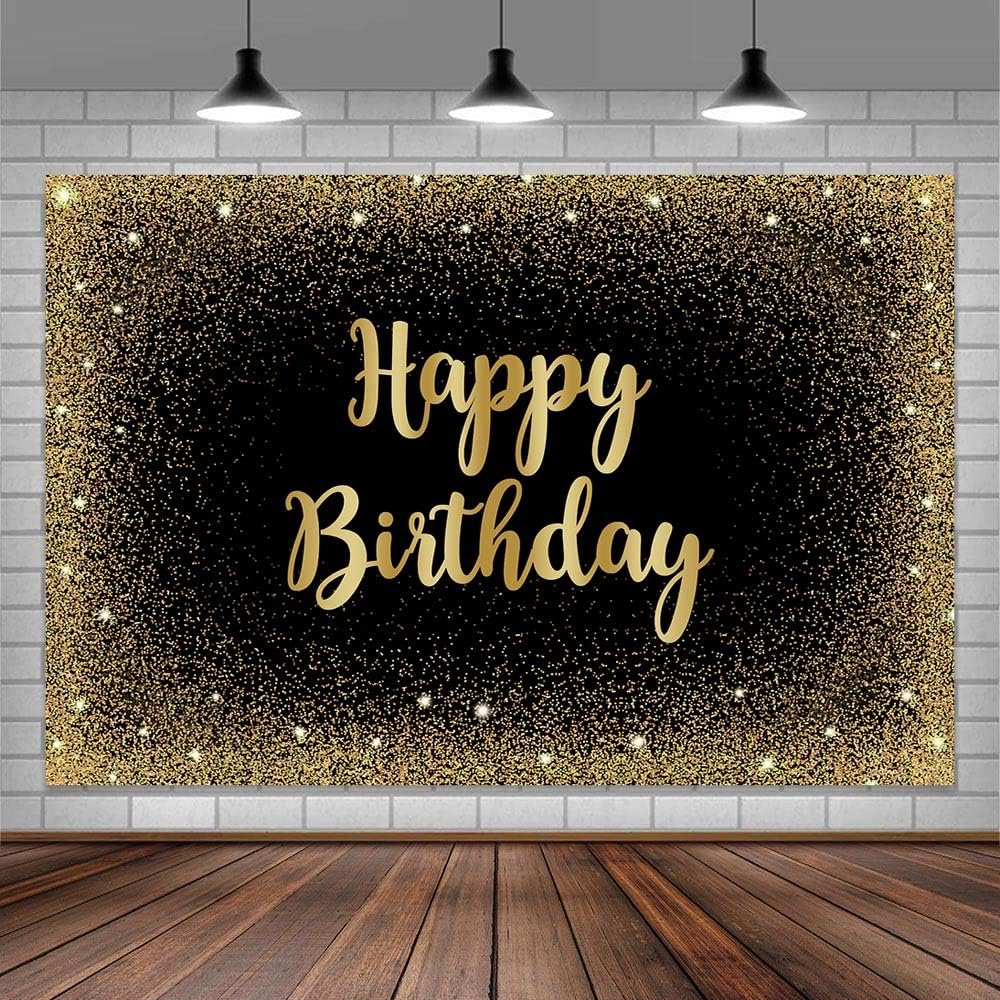 10X10ft Happy Birthday Photo Backdrop Photography Background for Girls Women, Gold Black Shining Dot Glitter Sparkle Banner Backdrops Photo Booth Prop Decorations Wall Decor Tablecloth