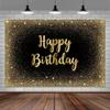 10X10ft Happy Birthday Photo Backdrop Photography Background for Girls Women, Gold Black Shining Dot Glitter Sparkle Banner Backdrops Photo Booth Prop Decorations Wall Decor Tablecloth view 1