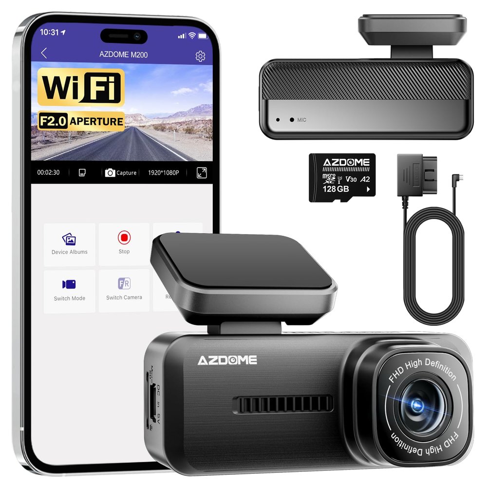 AZDOME M200 Dash Cam with 128GB SD Card and Mini USB OBD Hardwire Kit OBD02