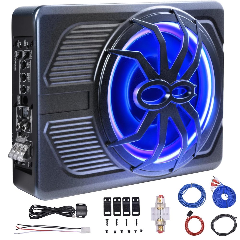 10" 800W Powered Car Subwoofer Systems Slim Under Seat, with Blue LED Light Car/Truck Audio Sub Built in Amplifier amp Combo Package