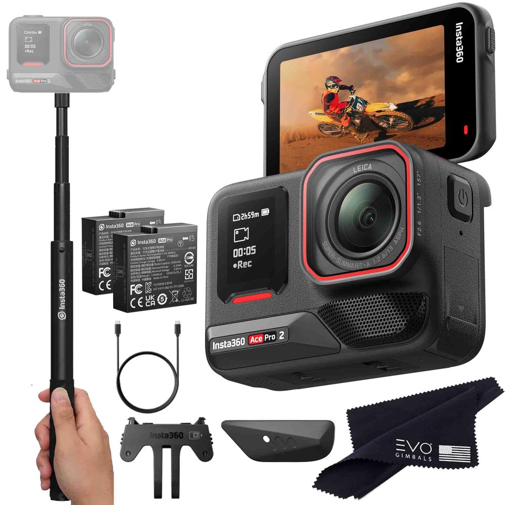 Insta360 Ace Pro 2 Basic Bundle- 8K Waterproof Action Camera Co-Engineered with Leica, Flagship 1/1.3" Sensor, 8K30, 4K60fps, Active HDR, 2.5" Flip Screen|Includes Invisible Selfie Stick