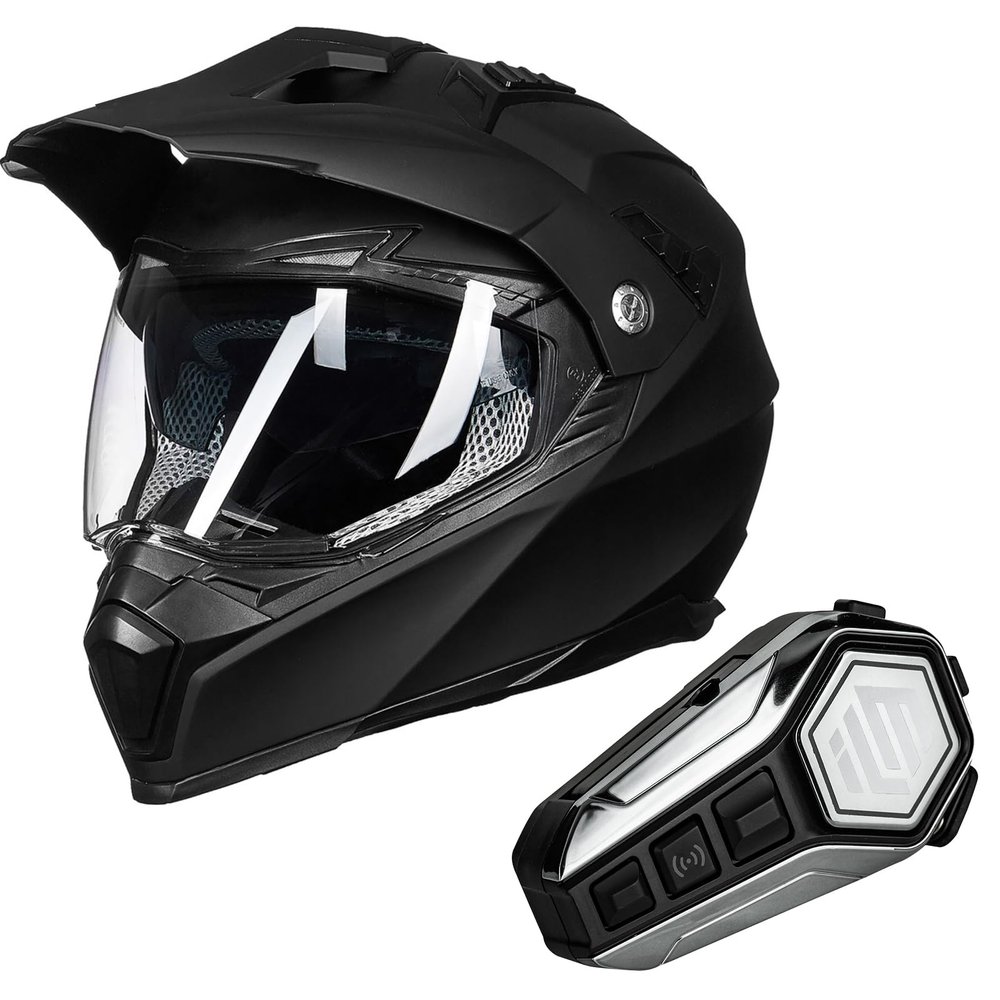 ILM Off Road Motorcycle Dual Sport Helmets Full Face Dirt Bike ATV Helmet (Matte Black, M) and Bluetooth Headset with Hi-Fi System