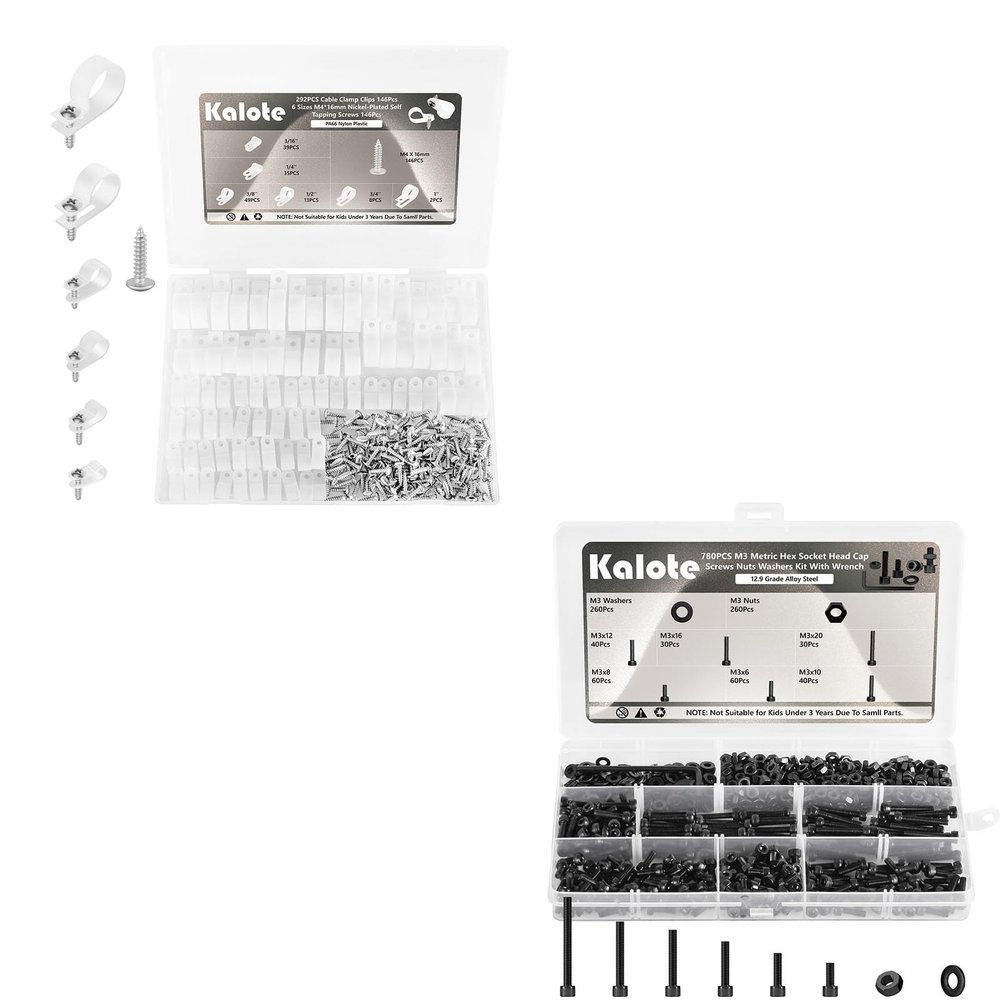 292PCS Cable Clamps 6 Sizes-3/16'' 1/4'' 3/8'' 1/2'' 3/4'' 1'' White PA66 Nylon 780PCS M3 Screw Kit, M3 Screws Suitable for 3D Printer,12.9 Grade Alloy Steel