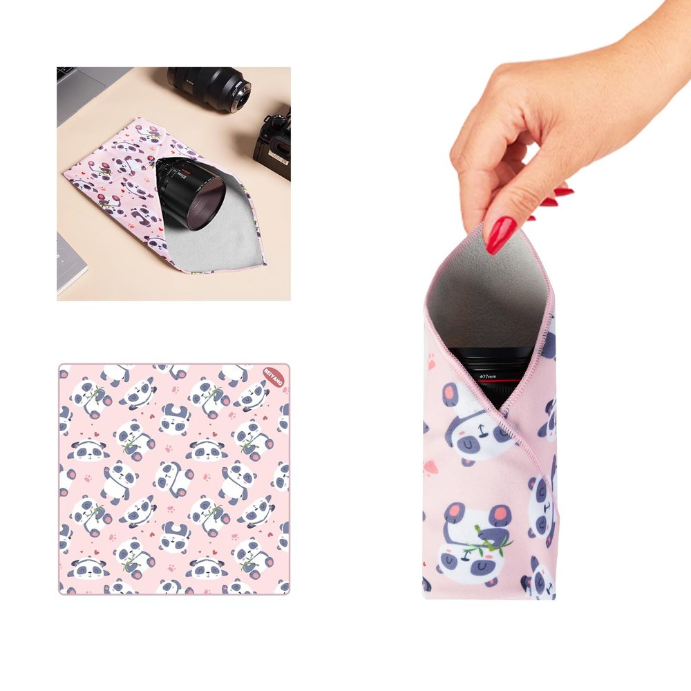 13.8x13.8 Inch Camera Protective Wrap, Lens Protector Wrapper, Pink Panda Pattern Magic Self-Adhesive Cloth for Camera/Lens/Phone/DSLR/Laptop/Accessories, Anti Scratch Equipment Wrap Storage Pouch