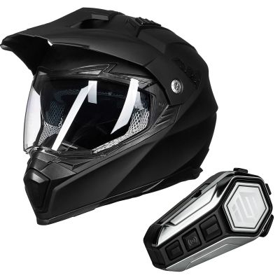 ILM Off Road Motorcycle Dual Sport Helmets Full Face Dirt Bike ATV Helmet (Matte Black, XL) and Bluetooth Headset with Hi-Fi System