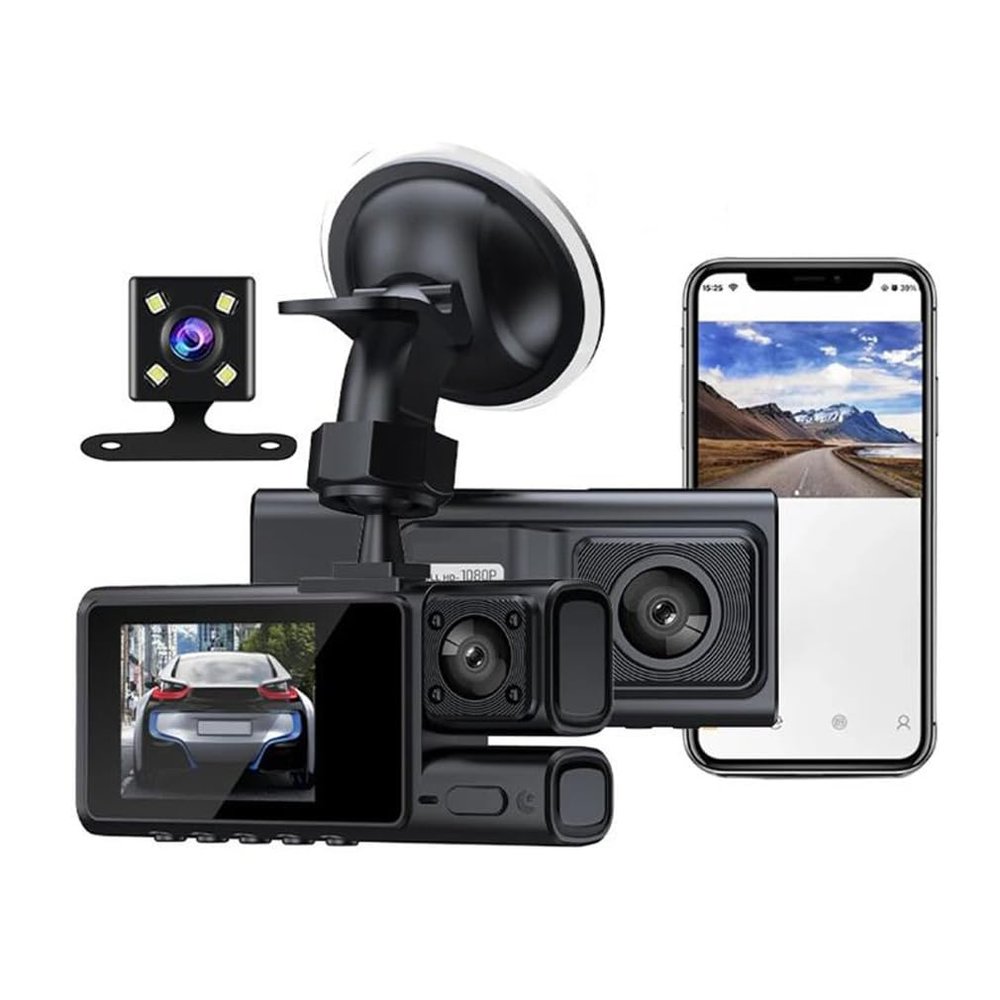 3 Channel WiFi Dash Camera for Cars 2 Inch Car DVR with Rear View Camera HD 1080P Front Inside and Rear Camera Night Vision Loop Recording Video Recorder