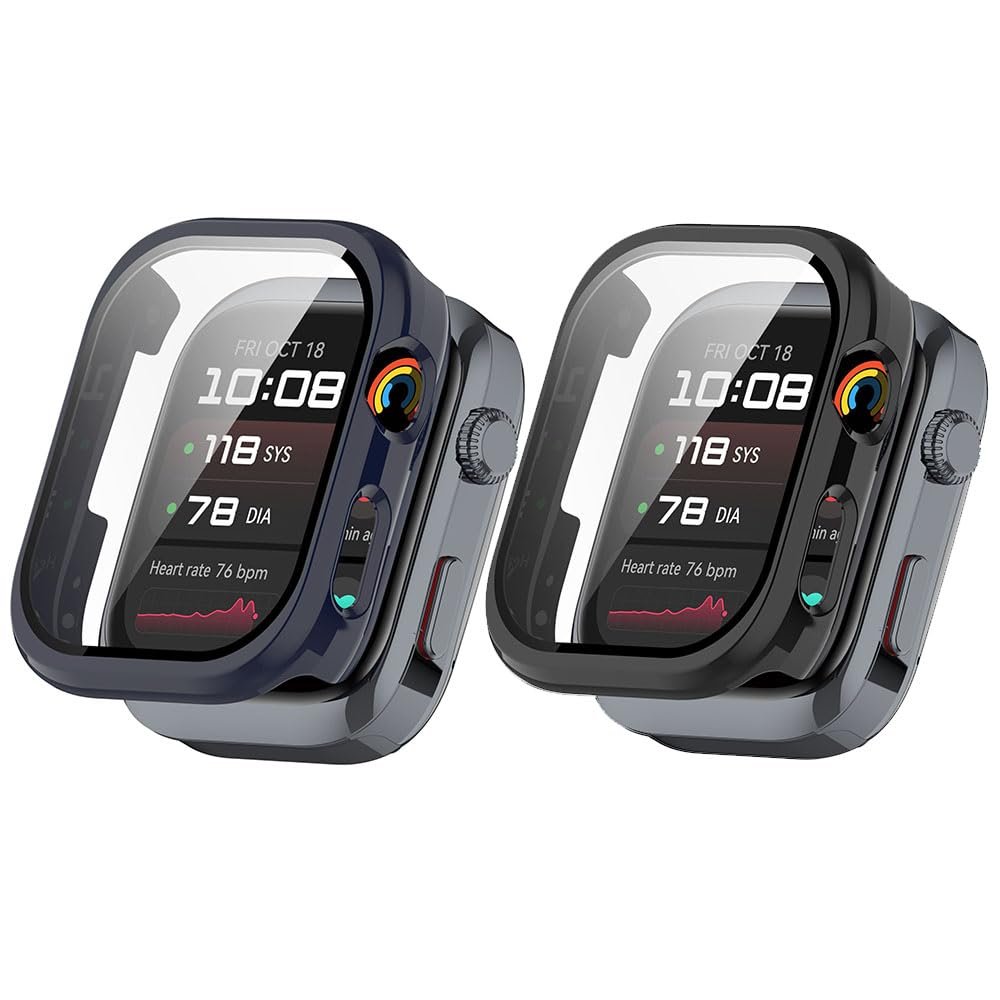 3 Pack Case with Screen Protector for Huawei Watch D2, Ultra Slim Full Coverage Hard PC Proctective Case Lightweight Shockproof Anti-Scratch Bumper Cover (Transparent/Black/Dark Blue)