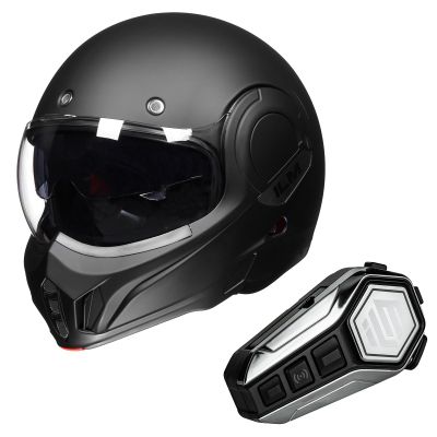ILM Vintage Full Face Modular Motorcycle Helmet (Matte Black, 2XL) and Bluetooth Headset with Hi-Fi System