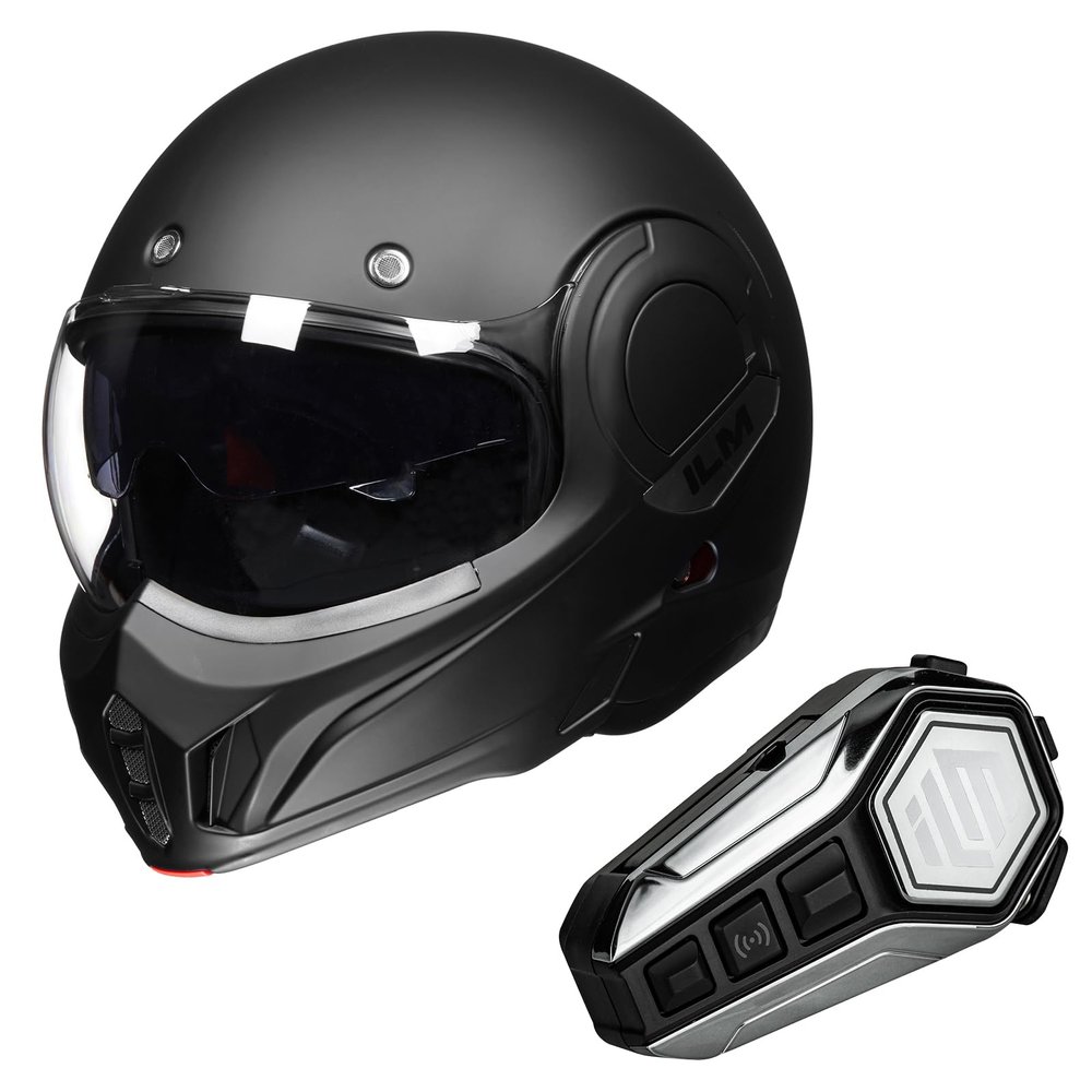 ILM Vintage Full Face Modular Motorcycle Helmet (Matte Black, 2XL) and Bluetooth Headset with Hi-Fi System