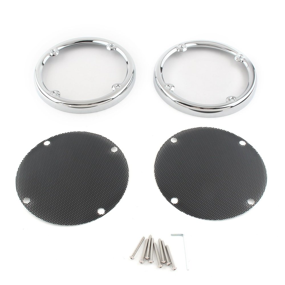 FINMOKAL Chrome & Black Motorcycle Rear Speaker Trim Grill Mesh Covers Compatible with Harley Touring Electra Glide Street Glide Tri Glide FLHTC FLHT FLHX 1996-2013