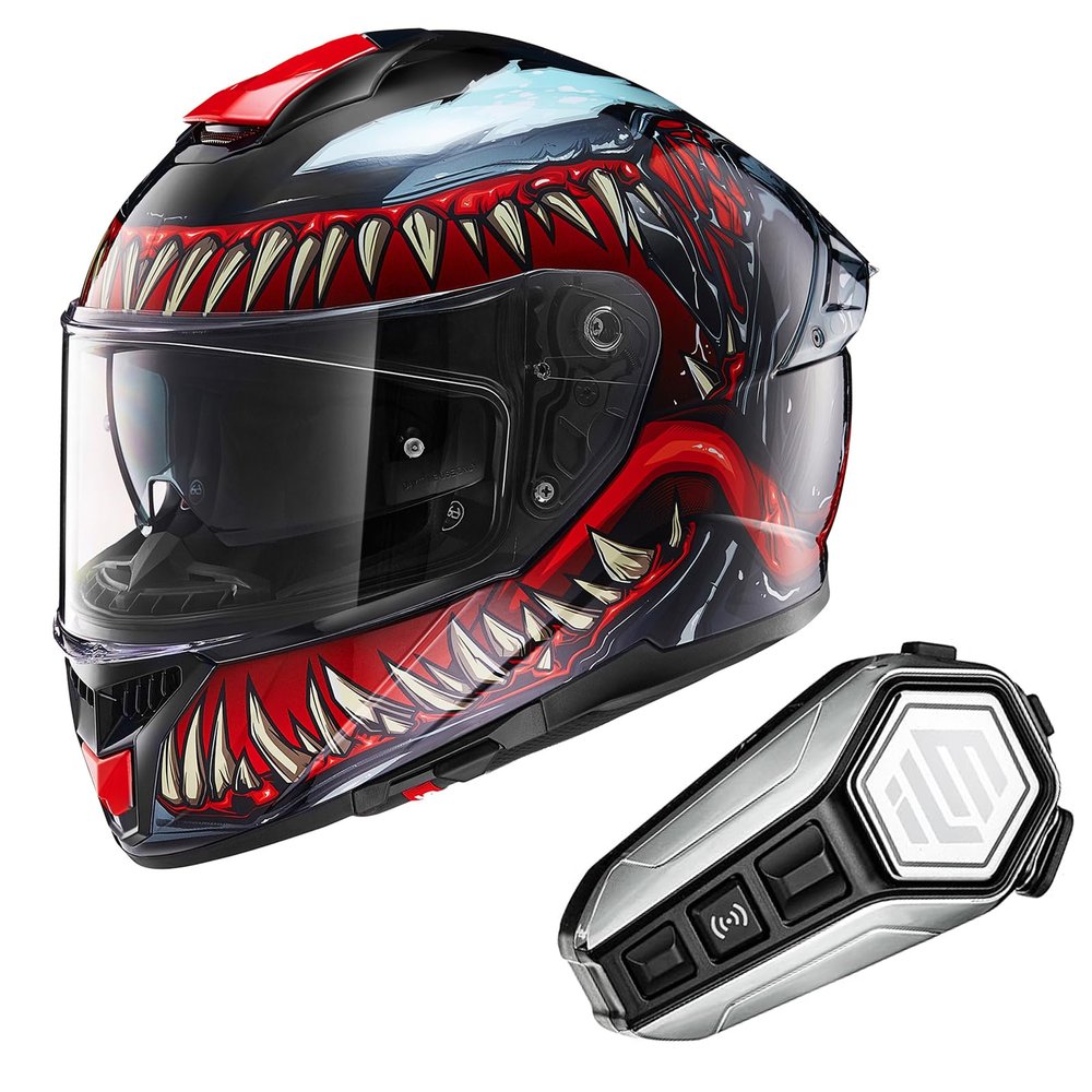 ILM Full Face Dual Visor Adult Motorcycle Helmet with Rear Wing (TheNight, XXL) and Bluetooth Headset with Hi-Fi System
