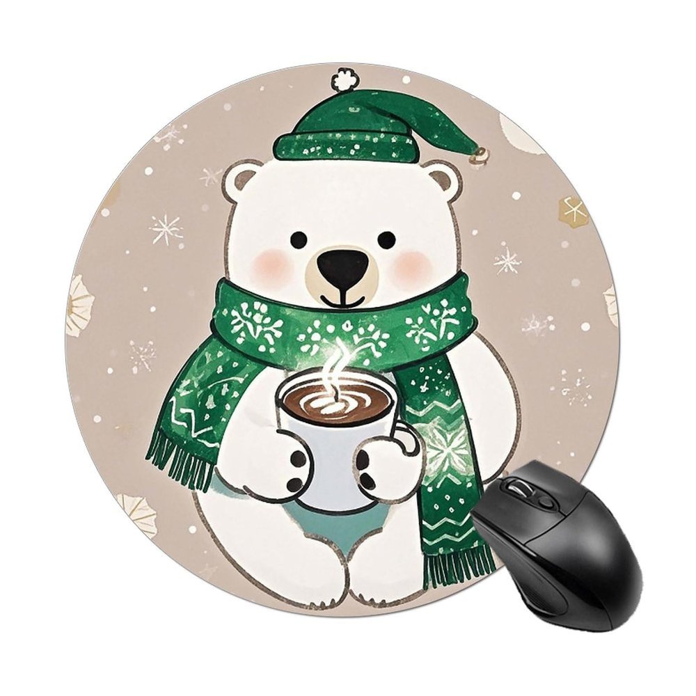 Exquisite Bear That is Afraid of The Cold Printed Round Mouse Pad Portable Waterproof Non-Slip Mousepad Rubber Mouse Mat Desk Decor Stuff for Laptop Computer Gaming Office Home
