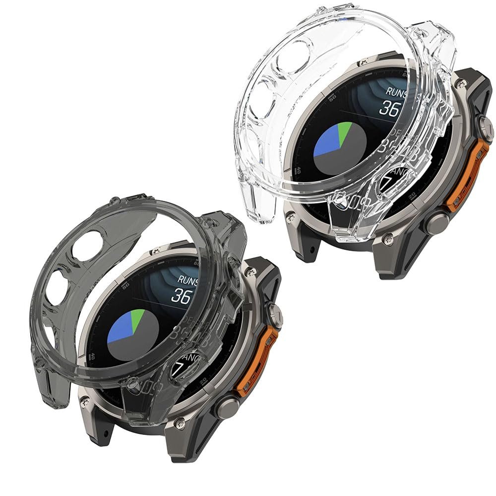 2 Pack Case for Garmin Fenix 8 51 mm Screen Protector Protective Case, Flexible TPU Screen Protector Case Scratch-Resistant Cover Protective Case for Fenix 8 51 mm smartwatch (Black/Transparent)