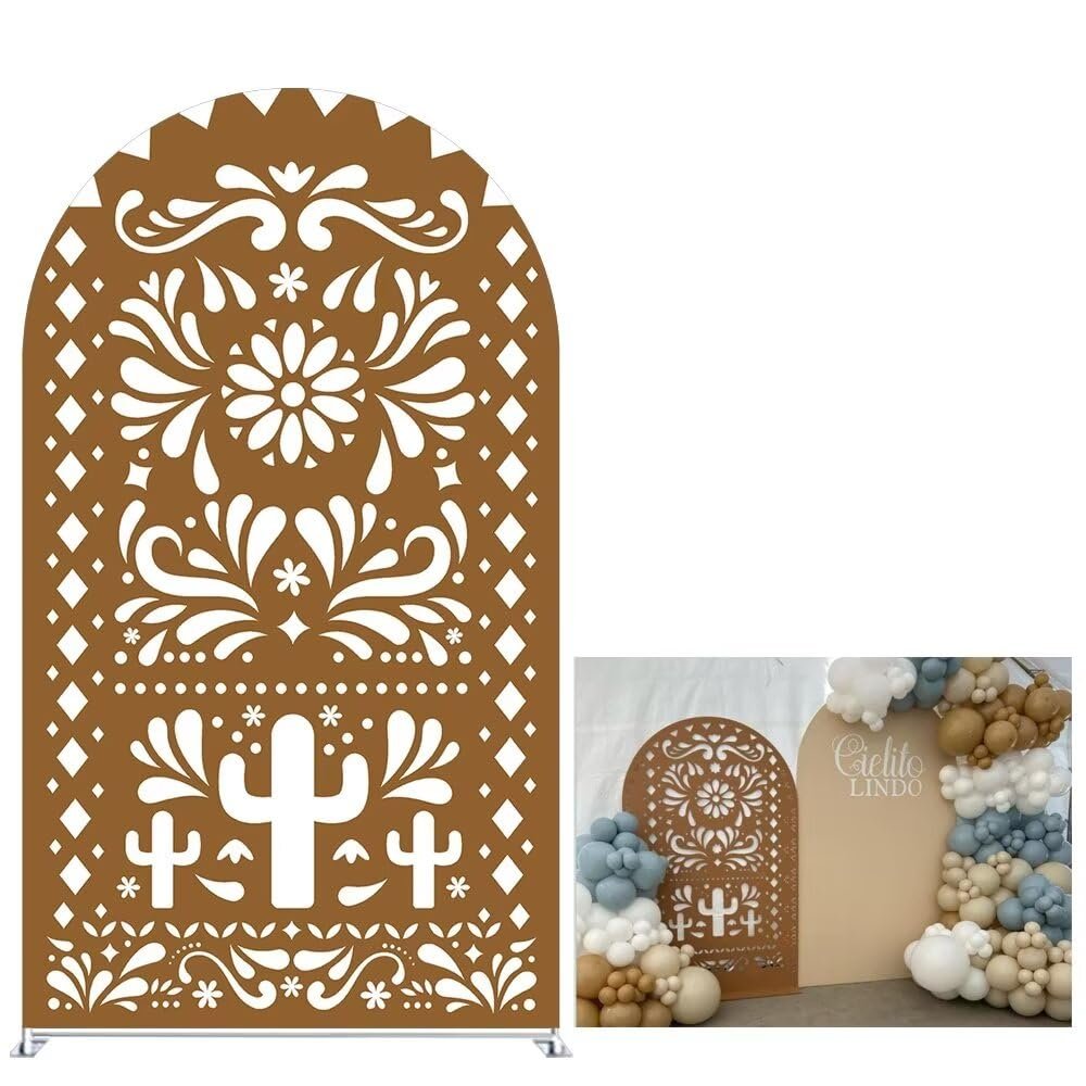 Aerdce Brown Mexican Fiesta Talavera Wedding Party Decoration Arch Backdrop Cover Stretchy Arched Stands Covers for Baptismx Birthday Baby Shower Parties Decoration(Cover+Stand)