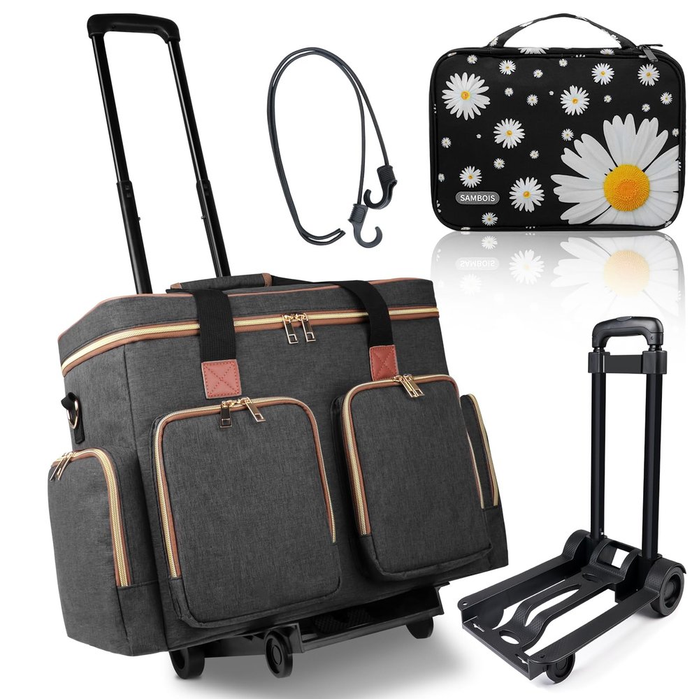 Sambois Rolling Teacher Tote Bag with Detachable Trolley Elegant Gray & Watch Band Organizer Case for Apple Watch Band Daisy