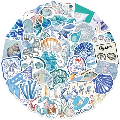 50Pcs Aesthetic Blue Ocean Stickers Pack, Waterproof Vinyl Beachy Decals for Luggage, Journal, Laptop, Kindle, Scrapbook, Skateboard, Water Bottle, Bumper, Graffiti Anime Ocean Stickers