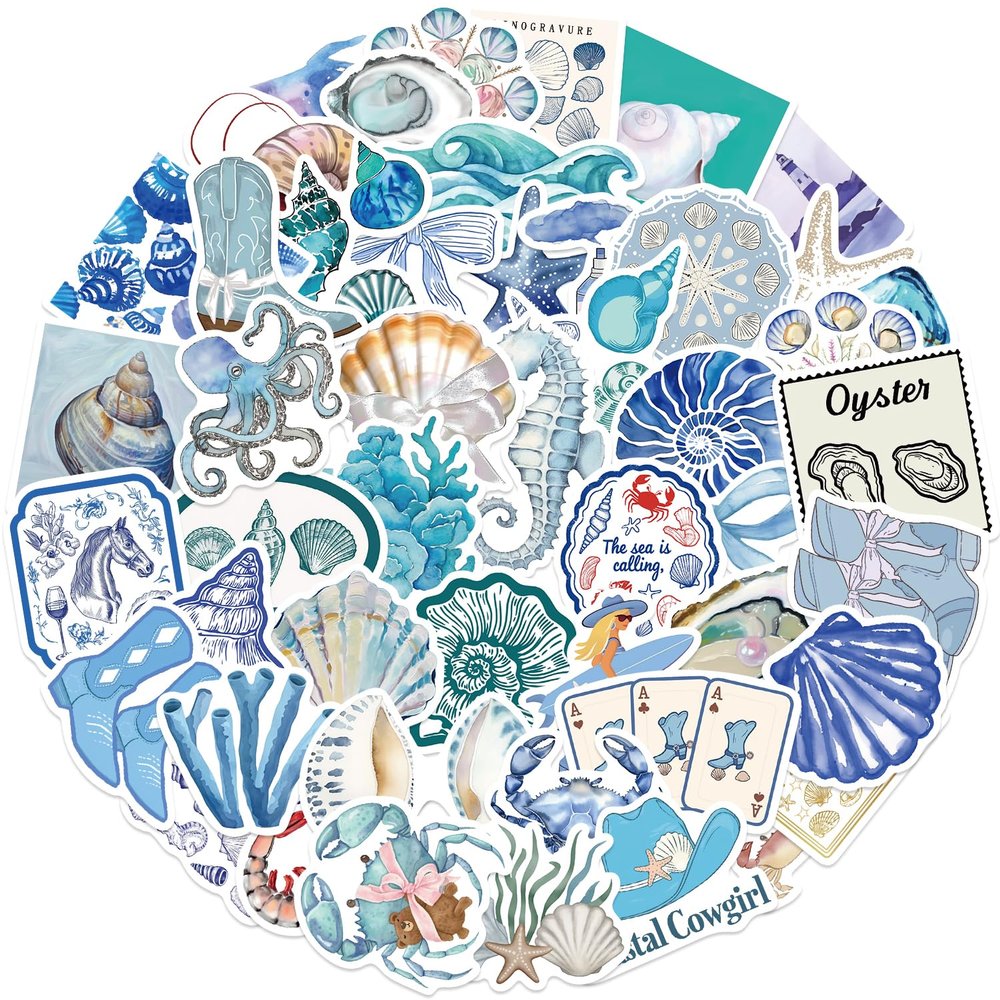 50Pcs Aesthetic Blue Ocean Stickers Pack, Waterproof Vinyl Beachy Decals for Luggage, Journal, Laptop, Kindle, Scrapbook, Skateboard, Water Bottle, Bumper, Graffiti Anime Ocean Stickers