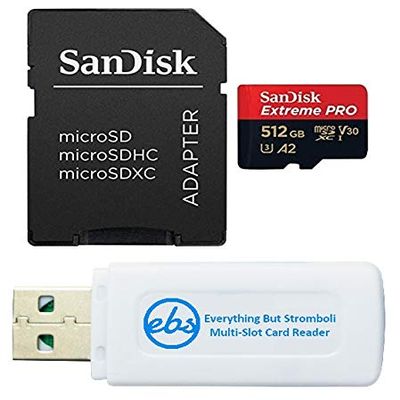 SanDisk 512GB microSDXC Extreme PRO Memory Card Compatible with DJI Air 3, Air 3S Drone and OSMO Action 4 (SDSQXCD-512G-GN6MA) V30 C10 Bundle with 1 Everything But Stromboli MicroSD & SD Card Reader