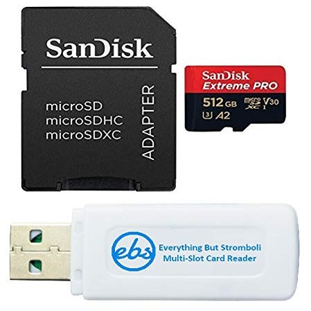 SanDisk 512GB microSDXC Extreme PRO Memory Card Compatible with DJI Air 3, Air 3S Drone and OSMO Action 4 (SDSQXCD-512G-GN6MA) V30 C10 Bundle with 1 Everything But Stromboli MicroSD & SD Card Reader