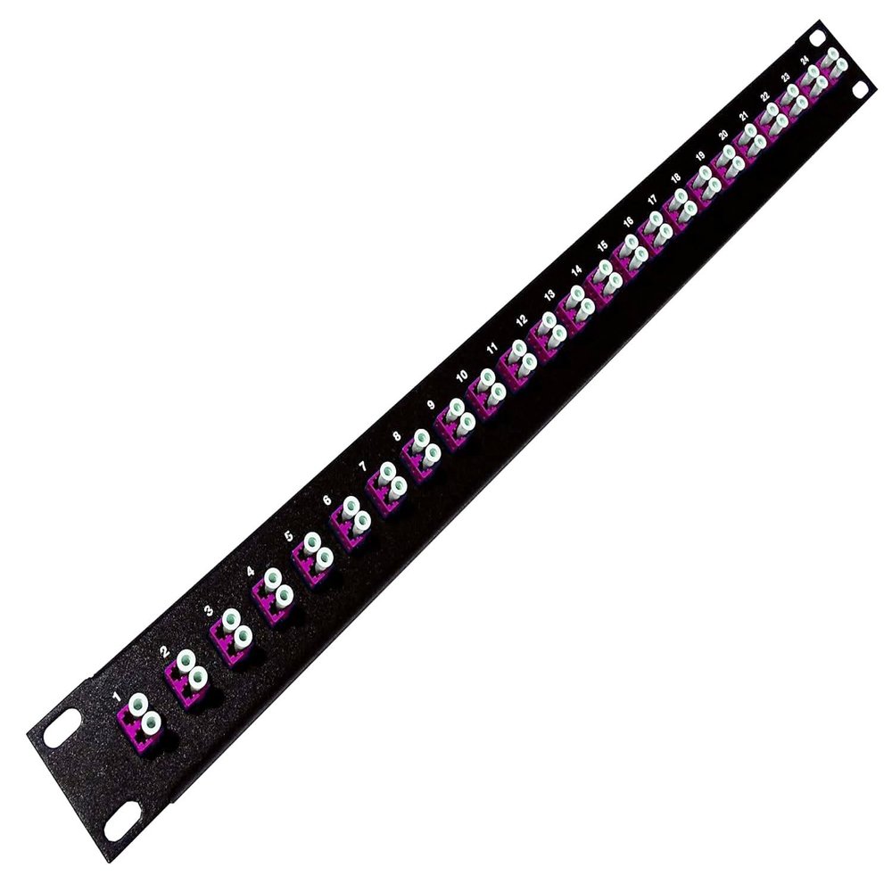 Ultra Spec Cables 1U 24 Port High Density Patch Panel, Loaded with LC Duplex Multimode OM4 Magenta Colored Adapters